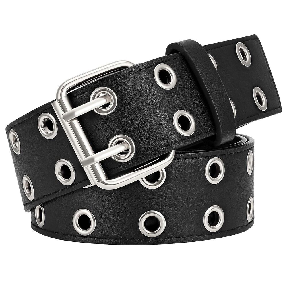 Wide Punk Belt Double Grommet PU Leather for Women Men